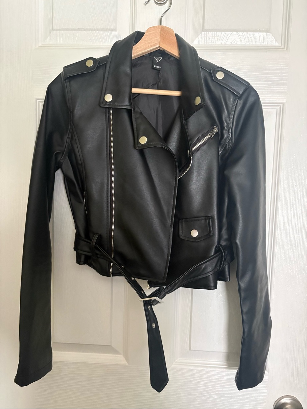 Windsor Black Faux Leather Moto Jacket with Belted Waist